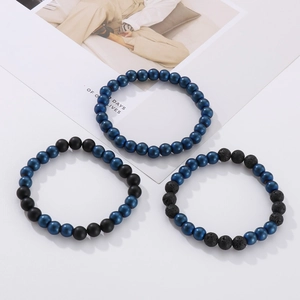 Set of three 8mm agate and hematite beaded bracelets in blue and matte black finish