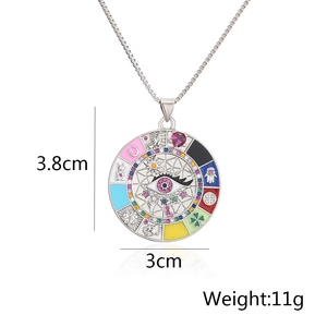 Bohemian silver evil eye pendant necklace with colorful enamel lucky symbols on O-chain
