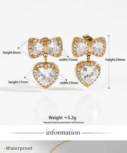 Detailed size specifications for bow heart earrings with zircon inlay and waterproof feature