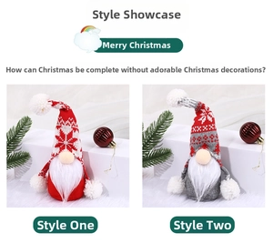 Detail view of red and grey knitted Christmas gnomes with white beards and snowflakes
