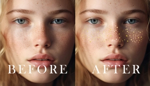 Macro detail of metallic gold star and dot temporary face tattoos before and after application