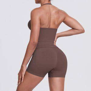 Detailed back view of coffee brown seamless halter yoga top and high waist shaping shorts