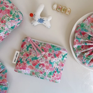 Floral cotton pouch and matching accessories set with pink blossom patterns