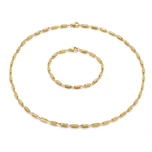 Elegant gold metal jewelry set with textured cylinder links and secure lobster clasps