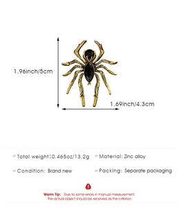 Detailed dimension chart for vintage gold spider brooch showing 5cm height and zinc alloy specs