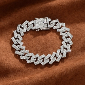 Detail of 15mm silver hip hop Cuban link chain with sparkling rhinestones and secure clasp