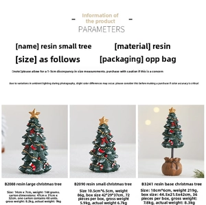 Three different sizes of miniature resin Christmas trees with detailed measurements and weights