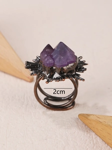 Vintage bronze plated adjustable ring with purple amethyst clusters in 45-degree view
