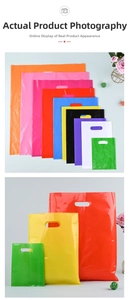 Flat PE plastic shopping bags with die-cut handles in ten vibrant colors and various sizes