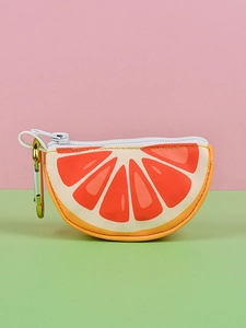 Detail of grapefruit slice pet waste bag dispenser with zipper and gold carabiner clip