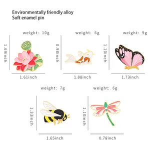 Enamel insect pin set featuring lotus, koi fish, butterfly, bee and dragonfly designs