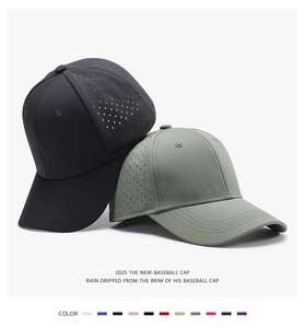Close-up of breathable laser-cut holes on quick-dry baseball caps in multiple colors