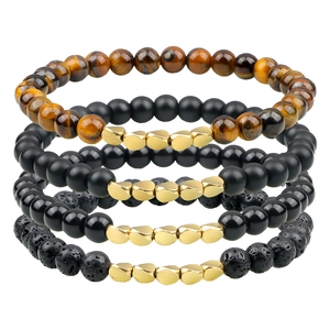 Set of 4 men's beaded bracelets with tiger eye, black lava rock and gold faceted beads