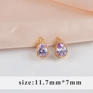 Pair of 18k gold plated purple teardrop glass pendants on pink silk, size 11.7x7mm