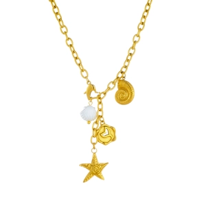 Vintage stainless steel gold chain necklace featuring seashell, starfish and heart charms