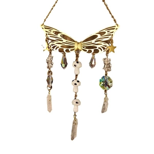Handmade gold butterfly suncatcher with clear crystals and white mushroom beads