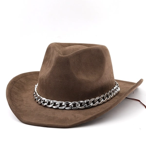 Western Cowboy Hat Faux Suede Silver Metal Chain Vintage Jazz Fedora Wide Brim Adjustable Outdoor Fashion