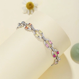 Detailed view of S925 silver bracelet featuring colorful rectangular step-cut cubic zirconia
