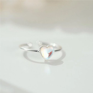 925 sterling silver adjustable open ring with heart shaped iridescent gemstone