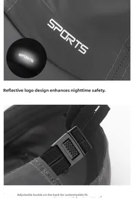 Detail of reflective SPORTS logo and adjustable plastic strap on quick-dry sun hat