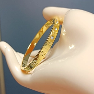 Stainless Steel Bangle Bracelet For Women Luxury Gold Plated Roman Numerals Cubic Zirconia Sparkling Jewelry