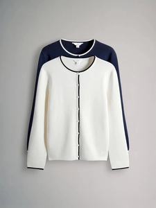 Cardigan en tricot à col rond pour femme avec liseré contrasté et fermeture boutonnée
