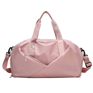 Pink nylon travel gym bag with dry-wet separation and adjustable shoulder straps