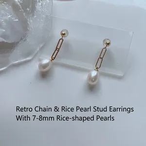 S925 silver vintage chain pearl drop earrings featuring 7-8mm freshwater rice pearls