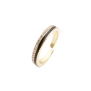 Adjustable gold plated copper ring with black enamel drip oil and micro paved zircon stones