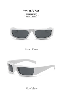 Y2K futuristic white sunglasses with gray lenses, showing front and side profile views