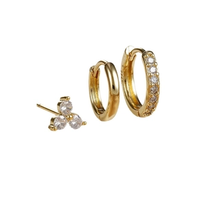 Three-piece golden S925 earring set with minimalist zircon studs and polished hoops