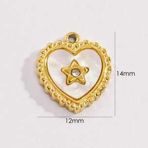 14K gold plated heart shell pendant with star rhinestone, 14mm x 12mm DIY jewelry charm