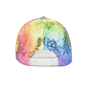 Rainbow sequin baseball cap with adjustable white snapback closure seen from the back
