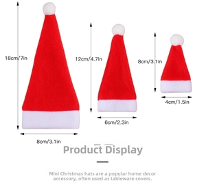 Detailed size comparison of three mini red plush Christmas hats for cutlery and bottles