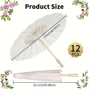 Detailed size chart for a 12-pack of white paper wedding umbrellas with dimensions