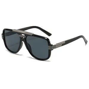 Retro pilot style square frame sunglasses with double bridge and dark grey lenses