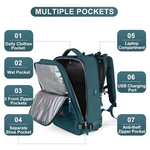 Detail view of large capacity backpack with wet pocket, shoe compartment and USB port