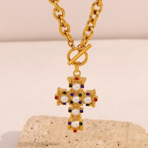 18K gold plated stainless steel necklace with cross pendant and multicolor gemstones