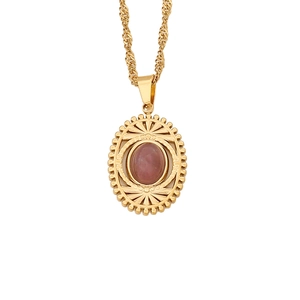 Vintage stainless steel necklace with oval natural stone pendant on gold rope chain