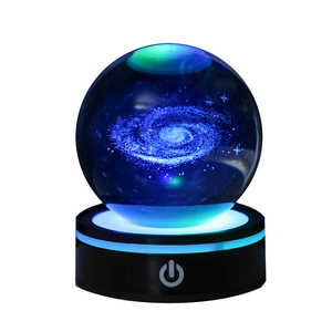 3D Galaxy laser engraved crystal ball night light with a black luminous base