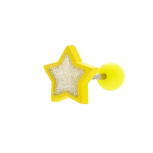 Detail of yellow star stud earring with glitter inlay and ball screw back closure