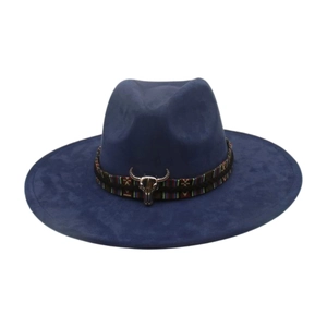 Navy blue wide brim fedora hat with ethnic band and silver bull head detail macro.