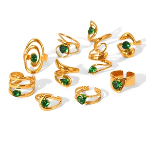 10-piece gold stainless steel ring set with green zircon stones in various shapes