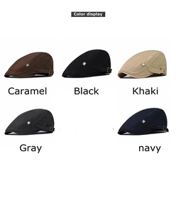 Flat lay display of retro cotton beret hats in caramel, black, khaki, gray and navy colors
