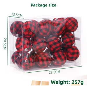 Detailed packaging dimensions and weight for red and black plaid Christmas ball ornaments set