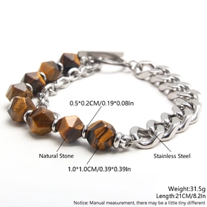 Stainless steel chain bracelet with natural tiger eye stone and OT toggle clasp design
