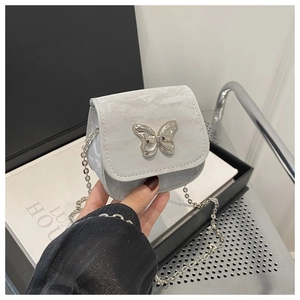 Detailed close-up of a grey velvet handbag featuring a metallic butterfly clasp and chain