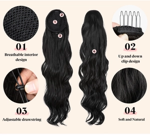 Detail showing breathable net, clips, and adjustable drawstring for long curly ponytail