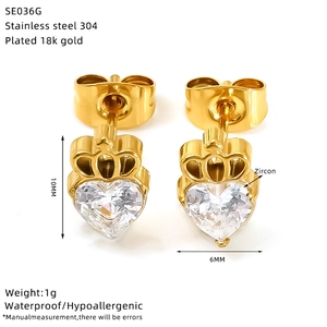Technical drawing showing 10mm x 6mm crown heart stud earrings in 18K gold plated steel