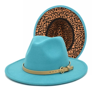 Detail of wool felt fedora with turquoise crown and stylish leopard print brim lining